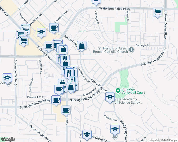 map of restaurants, bars, coffee shops, grocery stores, and more near 2564 Williamsburg Street in Henderson