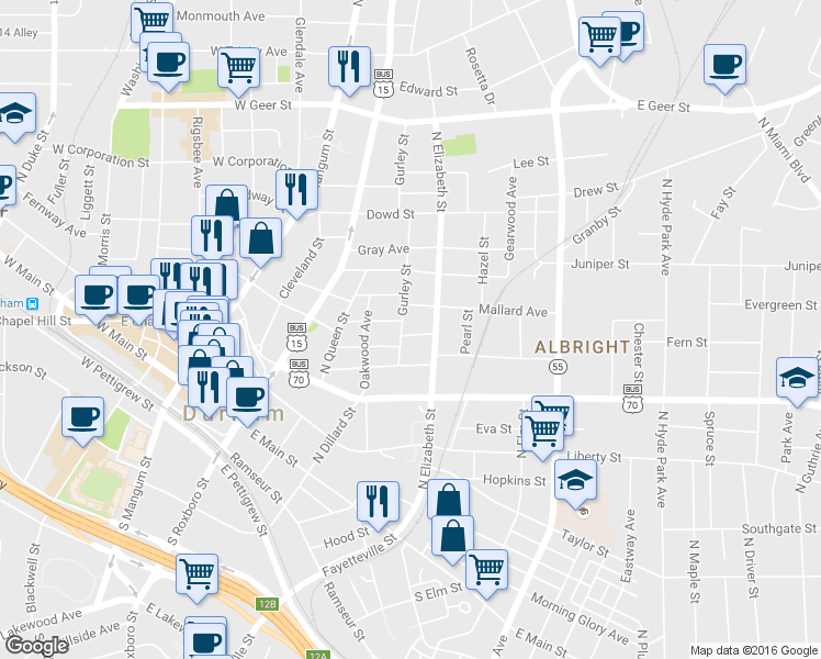 map of restaurants, bars, coffee shops, grocery stores, and more near 505 North Elizabeth Street in Durham