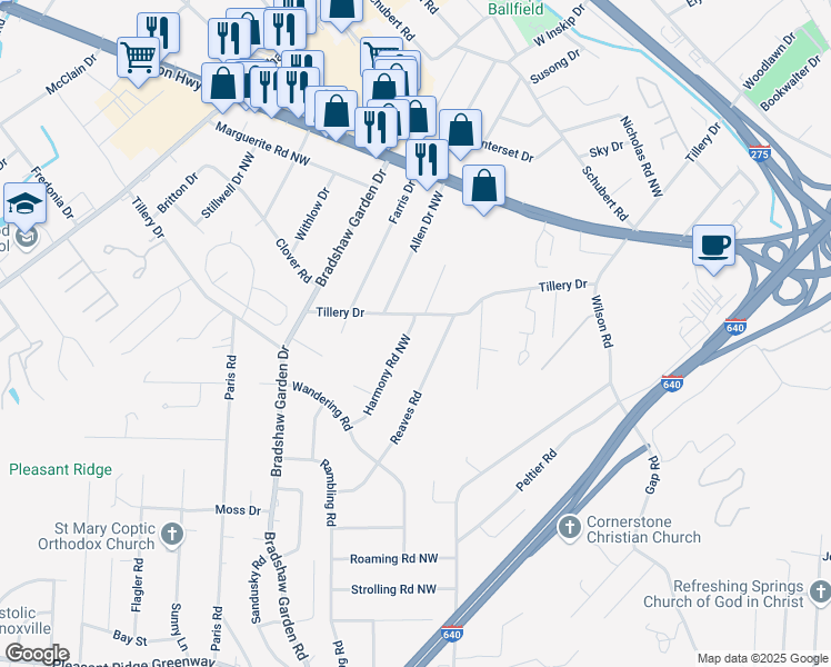 map of restaurants, bars, coffee shops, grocery stores, and more near 1400 Harmony Road Northwest in Knoxville