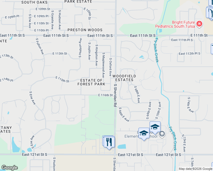map of restaurants, bars, coffee shops, grocery stores, and more near 6211 East 115th Street in Tulsa