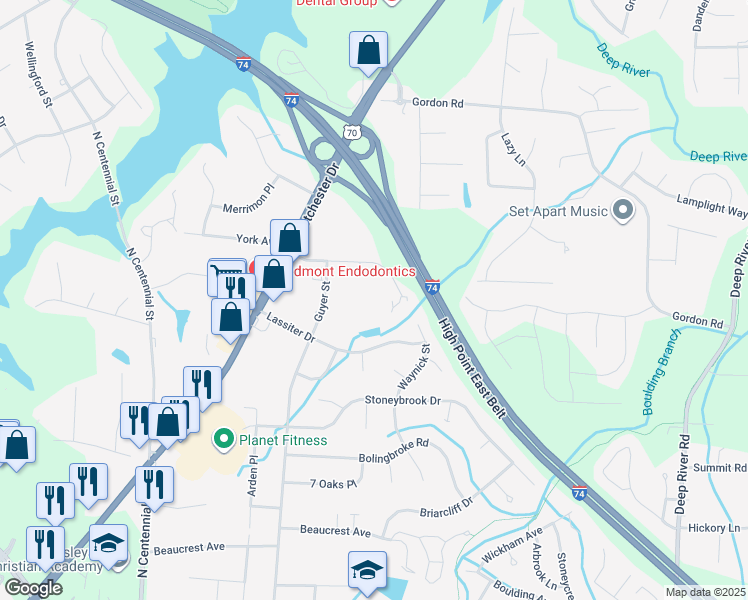 map of restaurants, bars, coffee shops, grocery stores, and more near 2630 Guyer Street in High Point