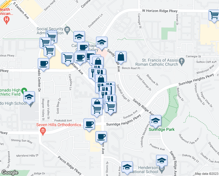 map of restaurants, bars, coffee shops, grocery stores, and more near 2579 Little Falls Circle in Henderson