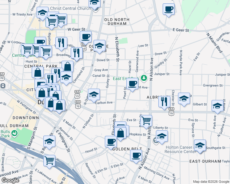 map of restaurants, bars, coffee shops, grocery stores, and more near 501 North Elizabeth Street in Durham
