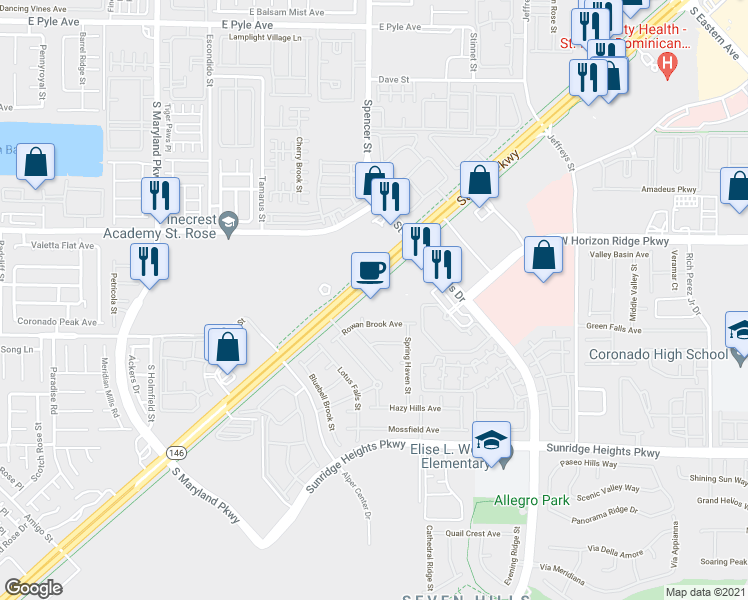 map of restaurants, bars, coffee shops, grocery stores, and more near 3215 St Rose Pkwy in Henderson