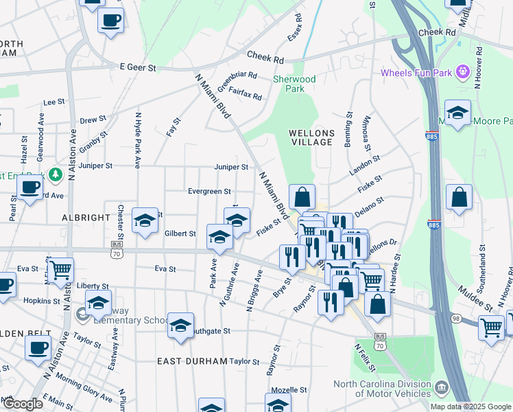 map of restaurants, bars, coffee shops, grocery stores, and more near 1110 North Guthrie Avenue in Durham