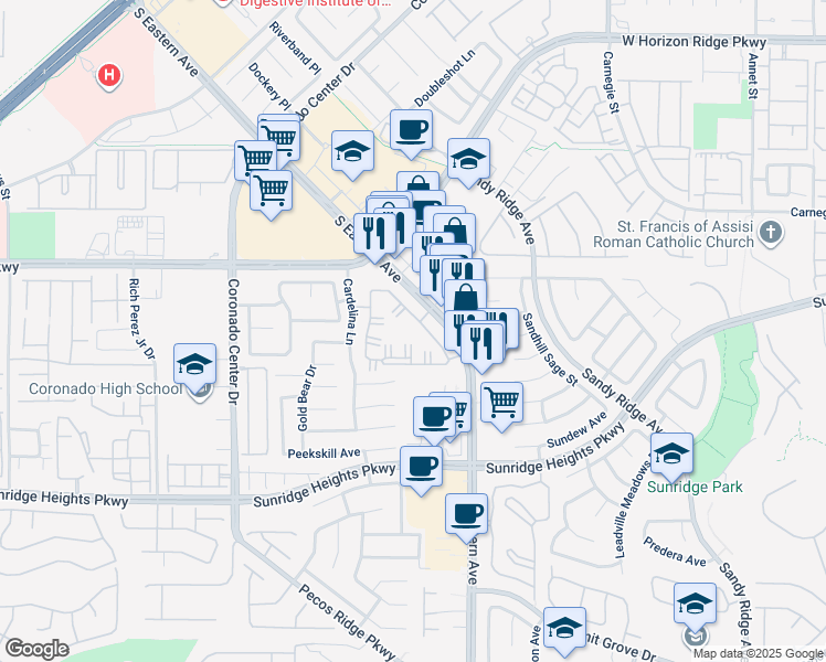 map of restaurants, bars, coffee shops, grocery stores, and more near 10701 South Eastern Avenue in Henderson