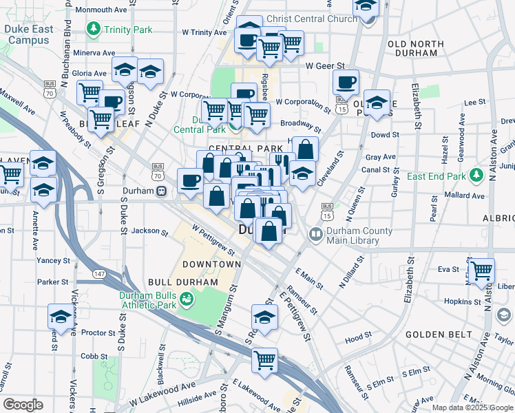 map of restaurants, bars, coffee shops, grocery stores, and more near 200 Rigsbee Avenue in Durham