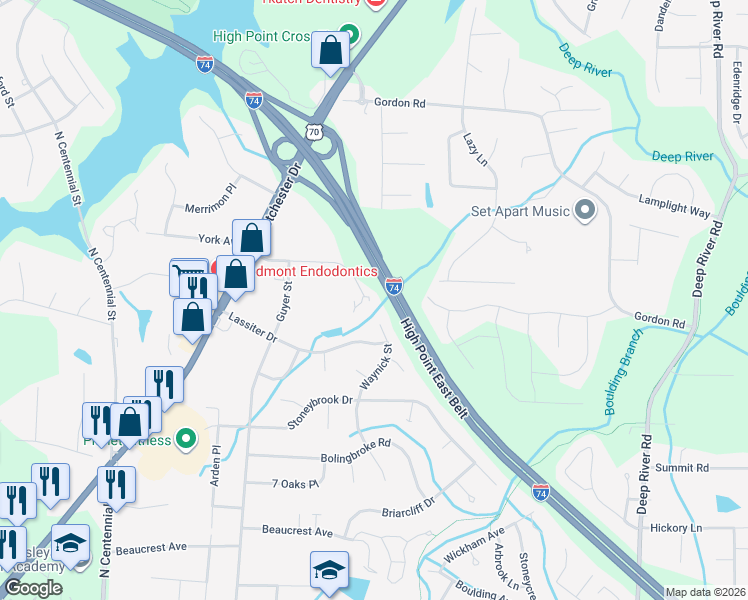 map of restaurants, bars, coffee shops, grocery stores, and more near 2545 Ambassador Court in High Point