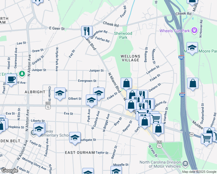 map of restaurants, bars, coffee shops, grocery stores, and more near 1110 North Guthrie Avenue in Durham
