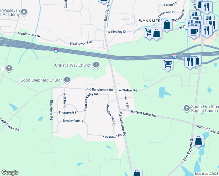 map of restaurants, bars, coffee shops, grocery stores, and more near 4414 Old Randleman Road in Greensboro