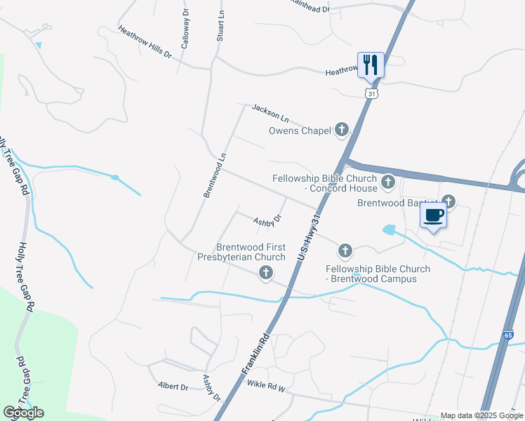 map of restaurants, bars, coffee shops, grocery stores, and more near 5012 Ashby Drive in Brentwood