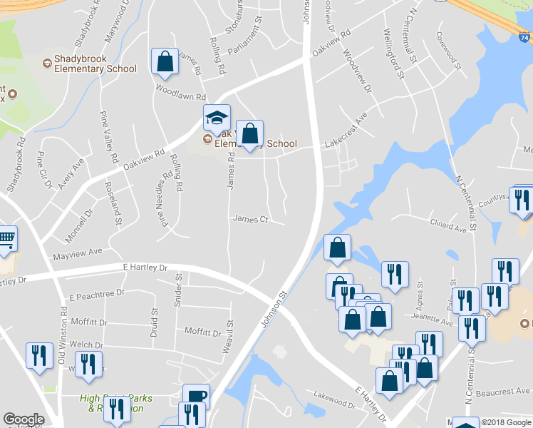 map of restaurants, bars, coffee shops, grocery stores, and more near 3105 Rockingham Road in High Point