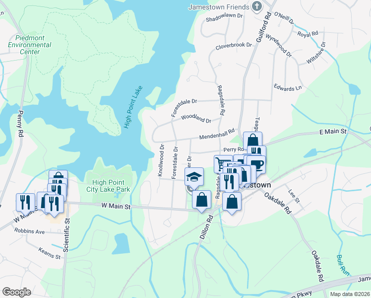map of restaurants, bars, coffee shops, grocery stores, and more near 303 Mendenhall Road in Jamestown