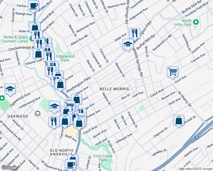 map of restaurants, bars, coffee shops, grocery stores, and more near 1921 Coker Avenue in Knoxville