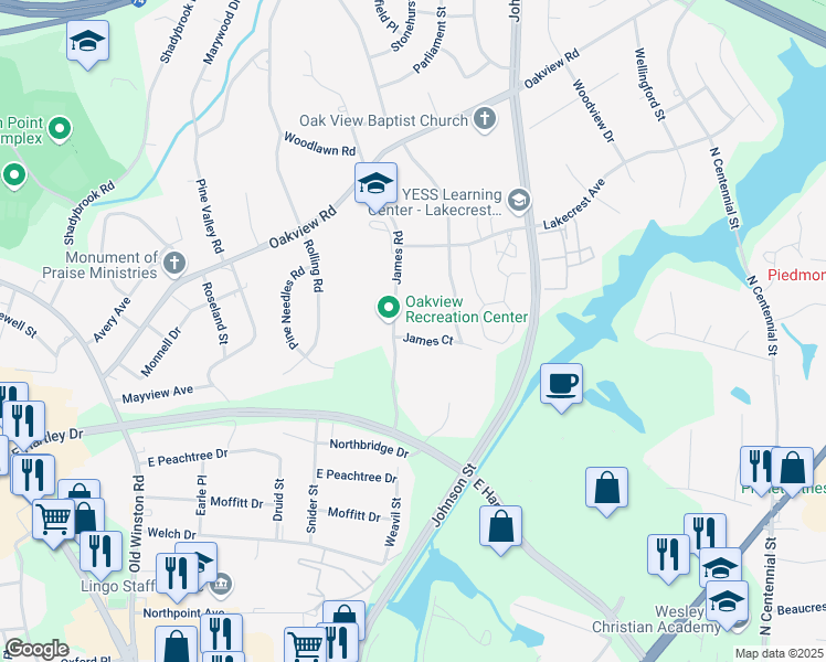map of restaurants, bars, coffee shops, grocery stores, and more near 498 James Court in High Point