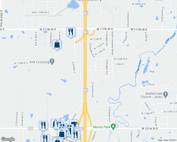 map of restaurants, bars, coffee shops, grocery stores, and more near 11506 South Franklin Avenue in Jenks