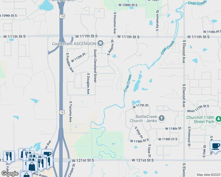 map of restaurants, bars, coffee shops, grocery stores, and more near 2602 West 115th Street South in Jenks