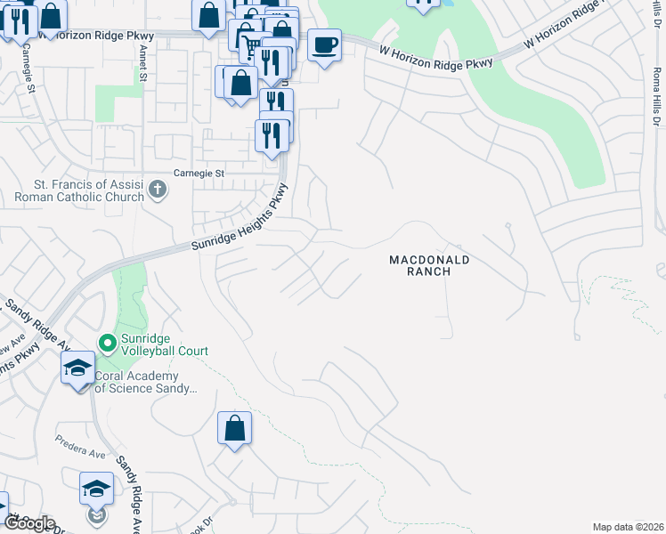 map of restaurants, bars, coffee shops, grocery stores, and more near 2195 Overlook Canyon Lane in Henderson