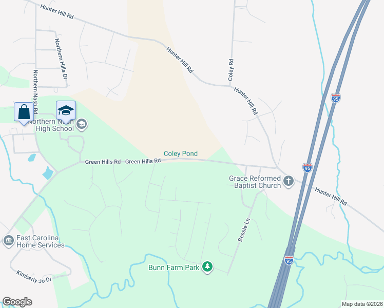 map of restaurants, bars, coffee shops, grocery stores, and more near 4702 Green Hills Road in Rocky Mount