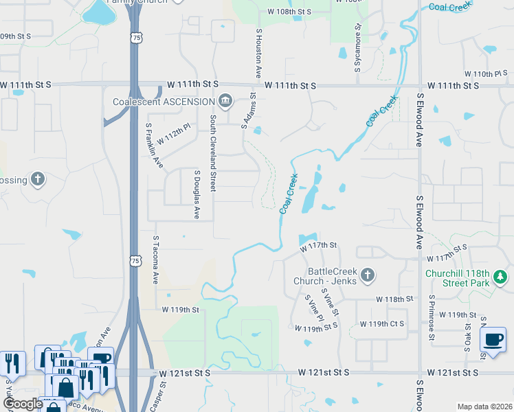 map of restaurants, bars, coffee shops, grocery stores, and more near 2602 West 115th Street South in Jenks