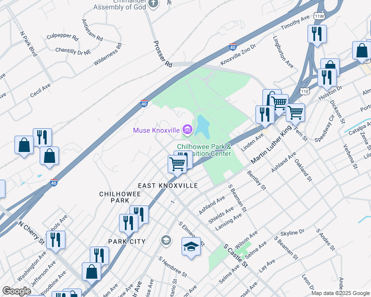 map of restaurants, bars, coffee shops, grocery stores, and more near 533 North Beaman Street in Knoxville