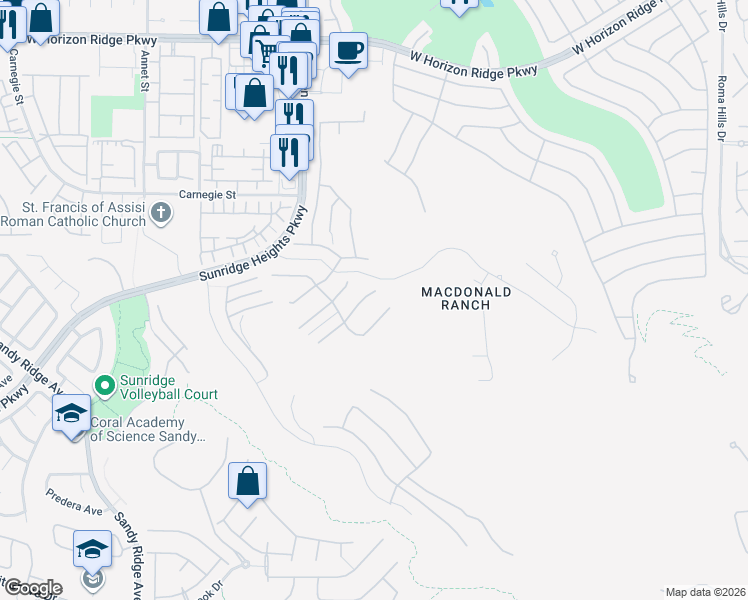 map of restaurants, bars, coffee shops, grocery stores, and more near 2172 Skyline Heights Lane in Henderson