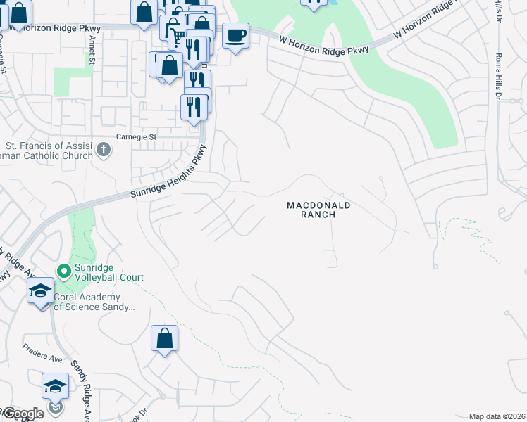 map of restaurants, bars, coffee shops, grocery stores, and more near 2172 Skyline Heights Lane in Henderson