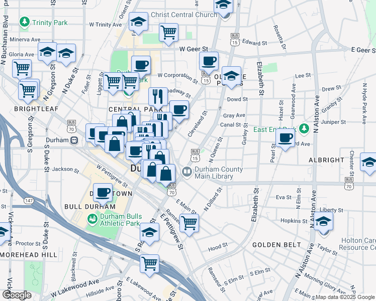 map of restaurants, bars, coffee shops, grocery stores, and more near 414 Cleveland Street in Durham