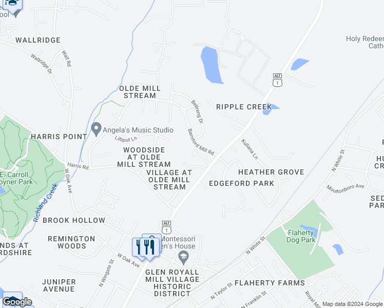 map of restaurants, bars, coffee shops, grocery stores, and more near 607 Battleboro Drive in Wake Forest