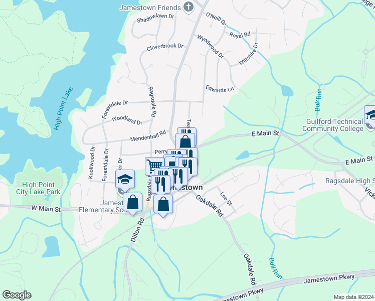 map of restaurants, bars, coffee shops, grocery stores, and more near in Jamestown