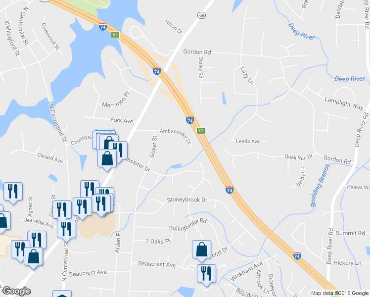 map of restaurants, bars, coffee shops, grocery stores, and more near 2546 Ambassador Court in High Point