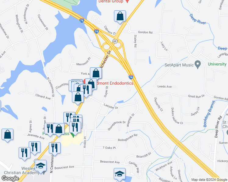 map of restaurants, bars, coffee shops, grocery stores, and more near 2640 Guyer Street in High Point