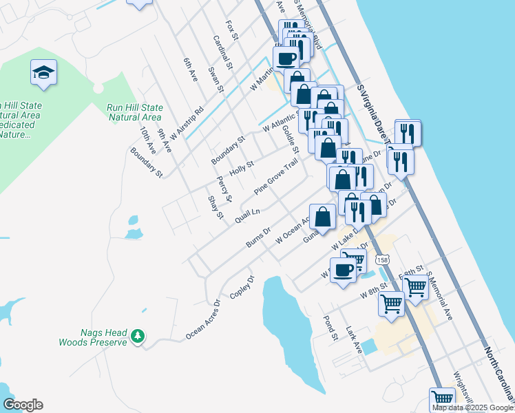 map of restaurants, bars, coffee shops, grocery stores, and more near 308 Quail Lane in Kill Devil Hills
