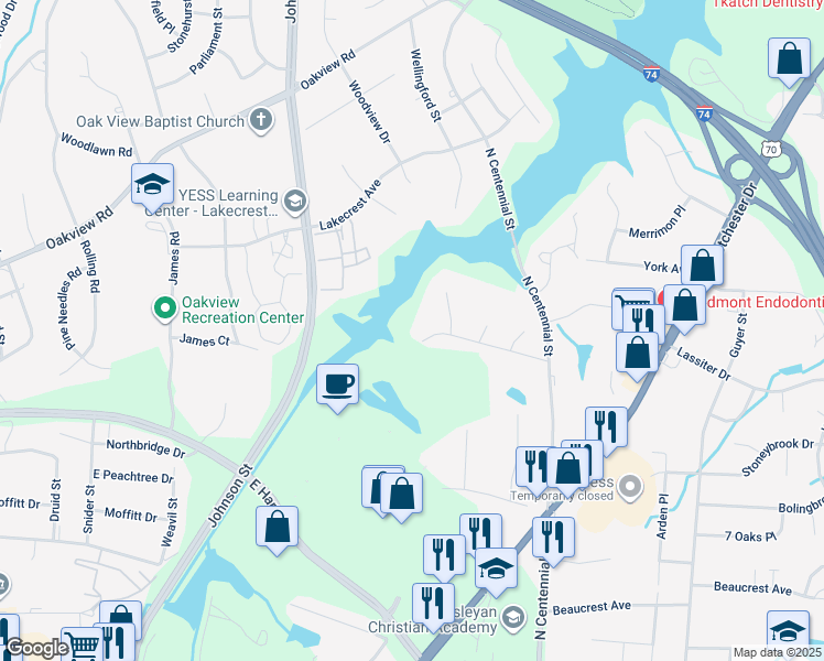 map of restaurants, bars, coffee shops, grocery stores, and more near 1009 Clinard Avenue in High Point