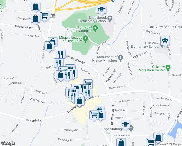 map of restaurants, bars, coffee shops, grocery stores, and more near 810 Newell Street in High Point
