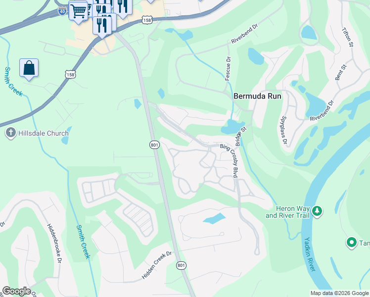 map of restaurants, bars, coffee shops, grocery stores, and more near 357 Hollybrook Drive in Bermuda Run