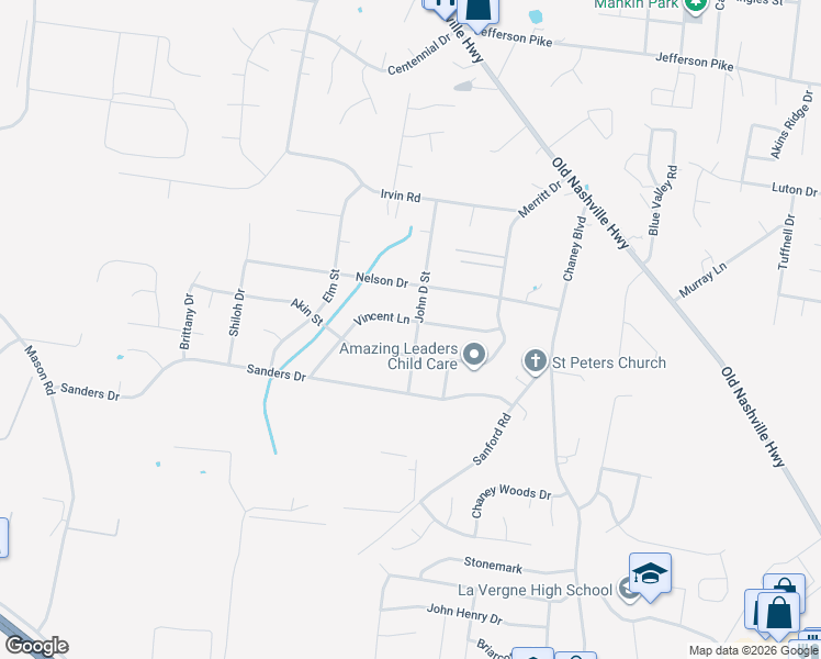 map of restaurants, bars, coffee shops, grocery stores, and more near 156 John D Street in La Vergne