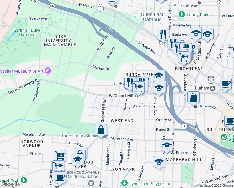 map of restaurants, bars, coffee shops, grocery stores, and more near 1306 West Chapel Hill Street in Durham