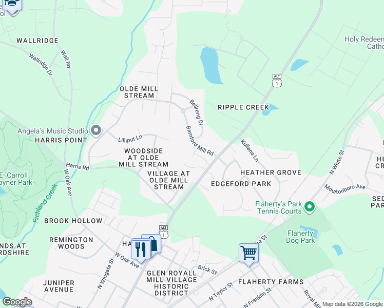 map of restaurants, bars, coffee shops, grocery stores, and more near 609 Battleboro Drive in Wake Forest