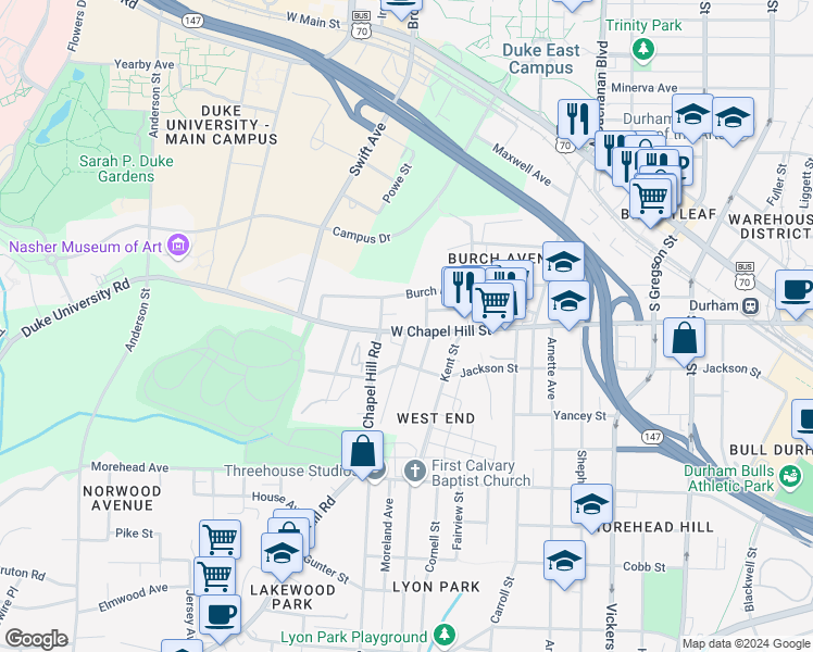 map of restaurants, bars, coffee shops, grocery stores, and more near 1400 West Chapel Hill Street in Durham