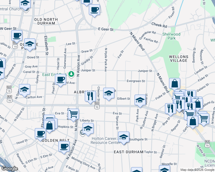 map of restaurants, bars, coffee shops, grocery stores, and more near 1111 Lowry Avenue in Durham