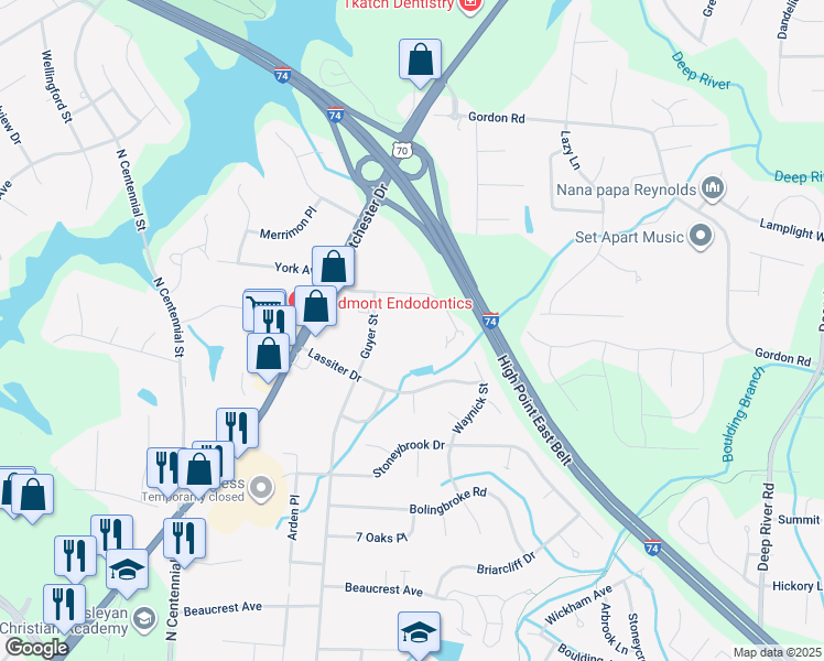map of restaurants, bars, coffee shops, grocery stores, and more near 2636 Guyer Street in High Point