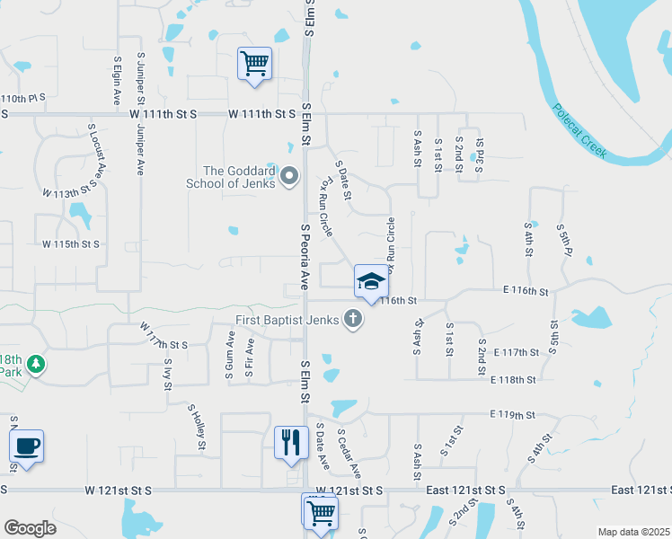 map of restaurants, bars, coffee shops, grocery stores, and more near 430 115th Street in Jenks