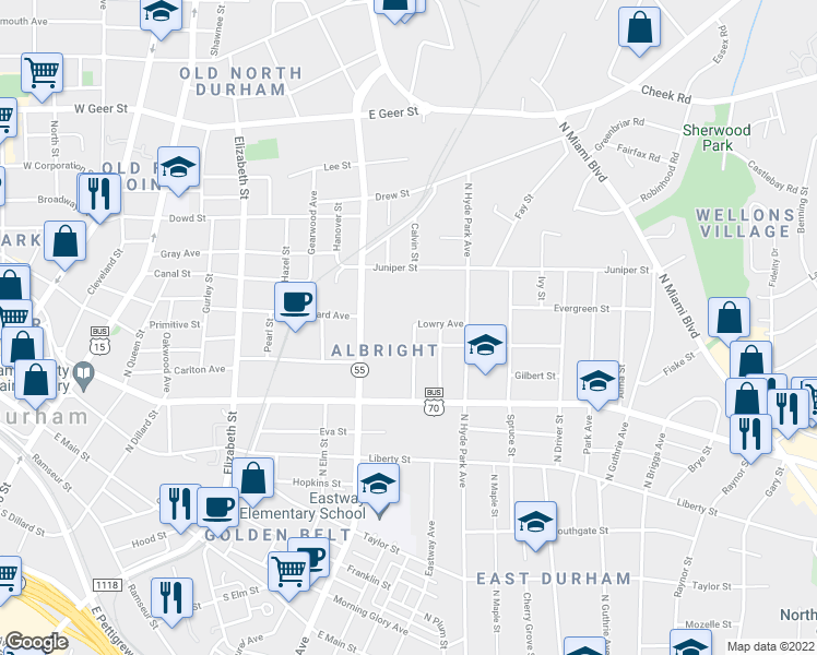 map of restaurants, bars, coffee shops, grocery stores, and more near 1109 Calvin Street in Durham