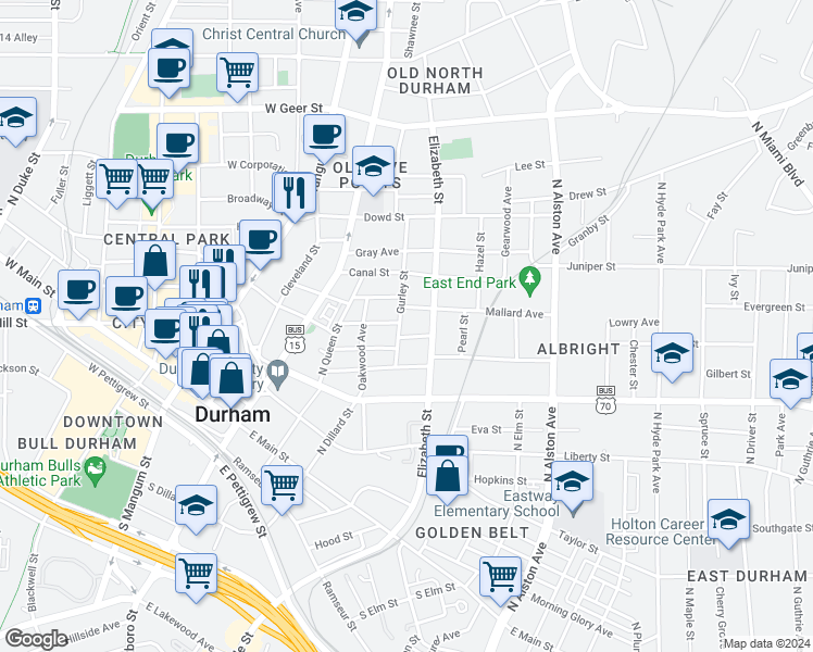map of restaurants, bars, coffee shops, grocery stores, and more near 501 Primitive Street in Durham