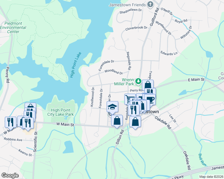 map of restaurants, bars, coffee shops, grocery stores, and more near 303 Mendenhall Road in Jamestown