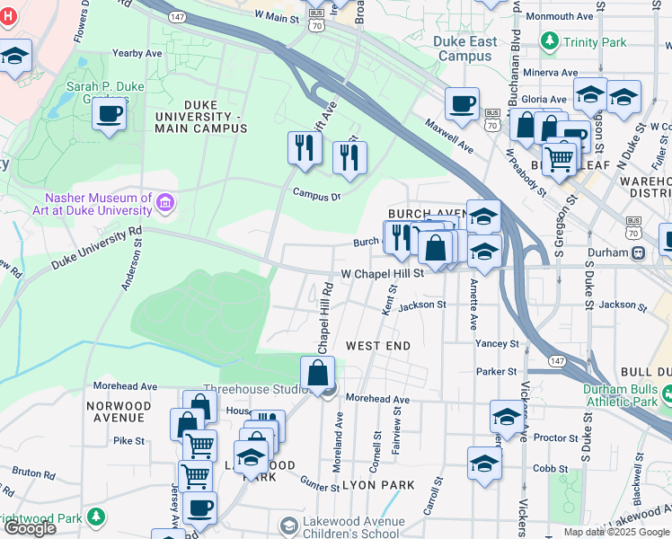 map of restaurants, bars, coffee shops, grocery stores, and more near 1410 West Chapel Hill Street in Durham