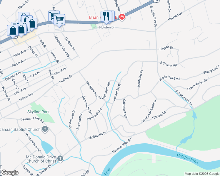 map of restaurants, bars, coffee shops, grocery stores, and more near 4714 Plymouth Road in Knoxville