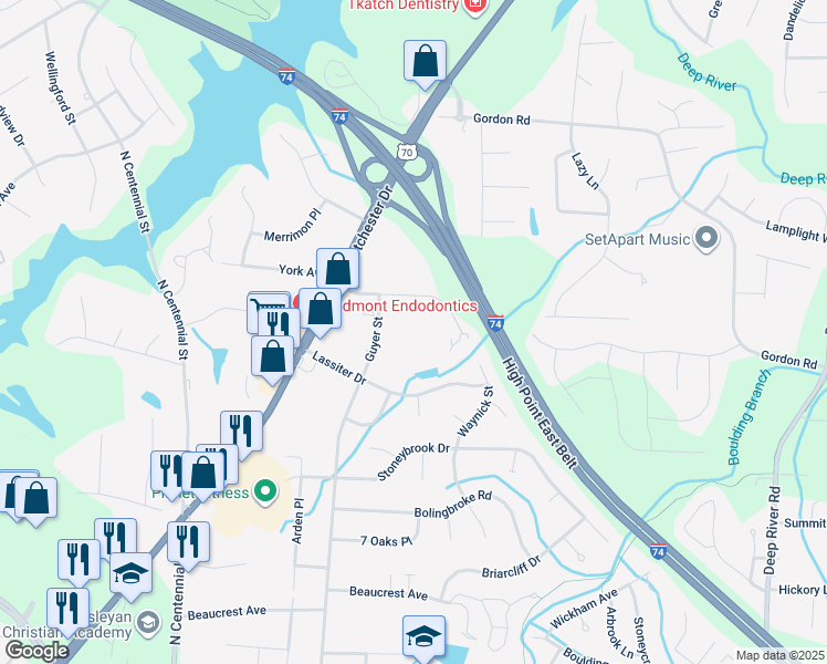 map of restaurants, bars, coffee shops, grocery stores, and more near 2636 Guyer Street in High Point