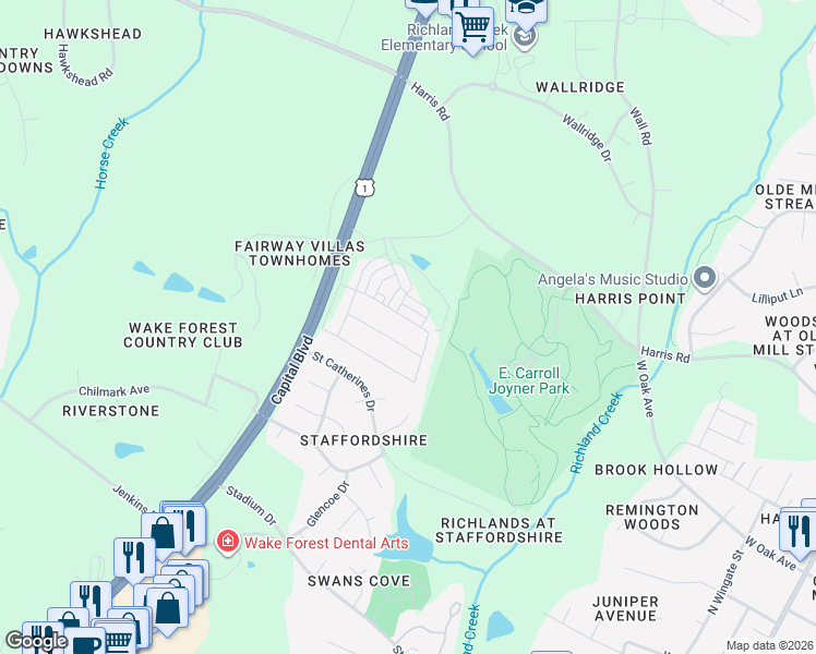 map of restaurants, bars, coffee shops, grocery stores, and more near 13120 Capital Boulevard in Wake Forest